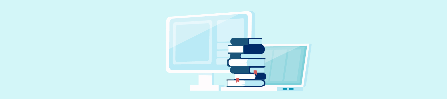 Online LEarning illustration of a desk with a computer and stacks of books